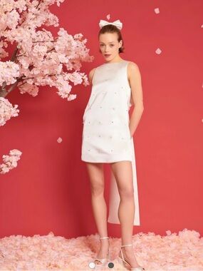 NEW Sister Jane Dream White Satin Embellished Bridal Mini Dress Back Bow Large